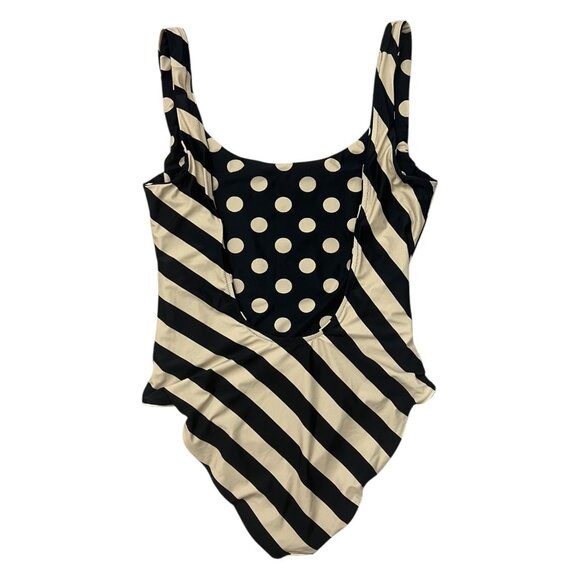 J Crew Reversible One Piece Swimsuit 14 Striped Polkadot Scoop Neck Black Tan - Picture 4 of 12